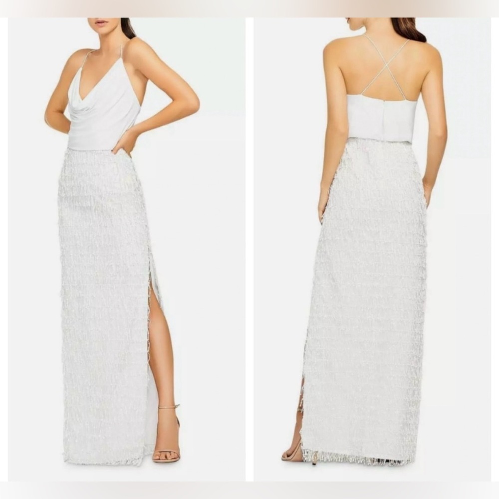 AIDAN MATTOX Ivory White Cowl Neck Sequin Fringe Side Slit Crossback Gown Sz 4